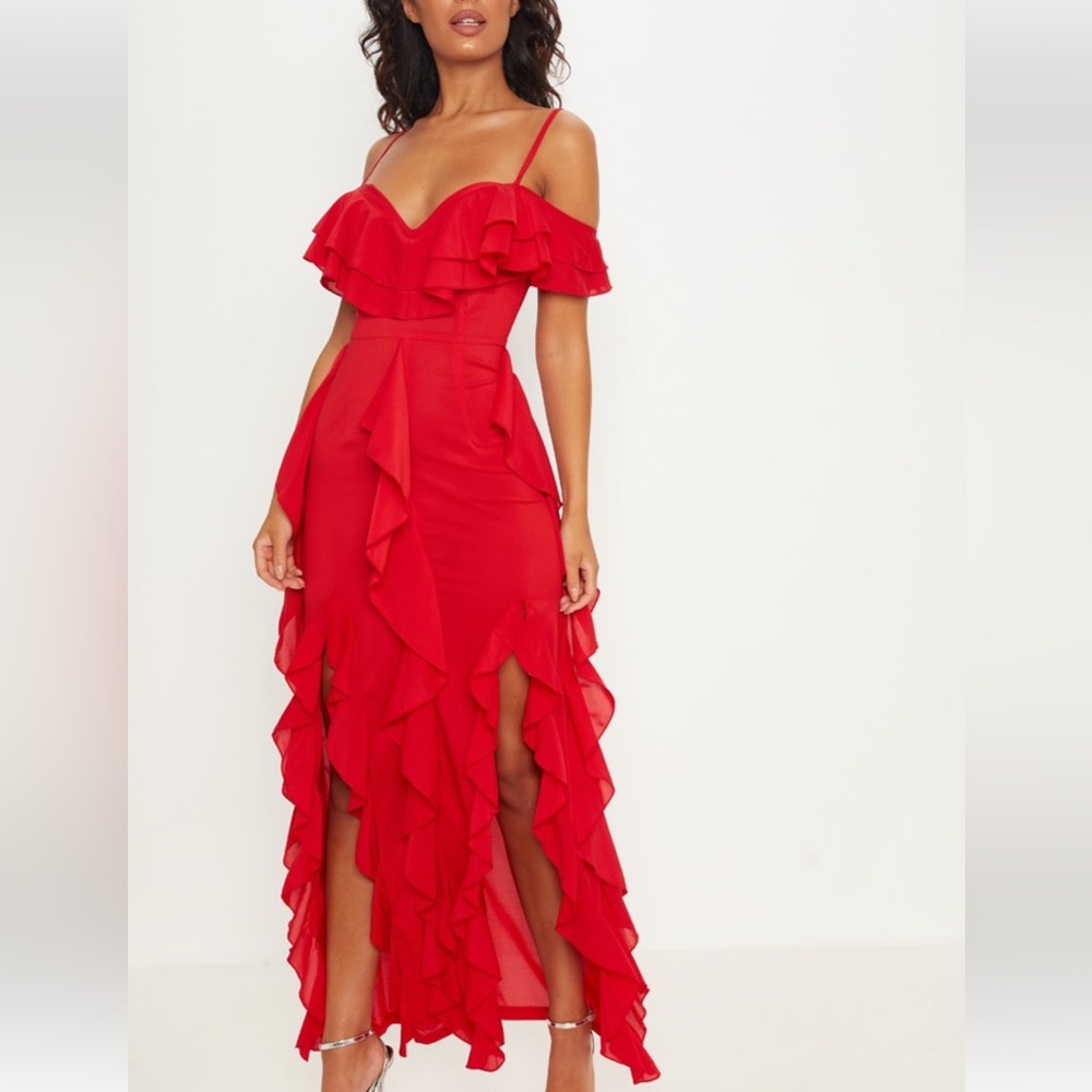Stunning red cold shoulder ruffle maxi dress
